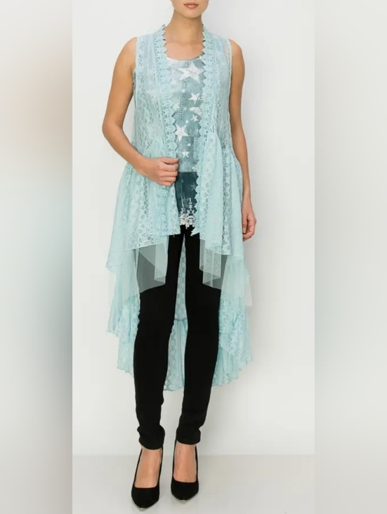 Origami Jackets & Blazers - NEW Origami Light Blue Lace High-Low Vest